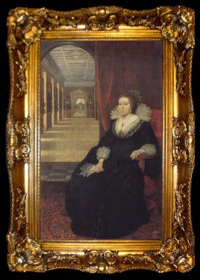 framed  Mytens, Daniel the Elder Alathea Talbot Countess of Arundel,sitting before the picture gallery at Arundel House, ta009-2